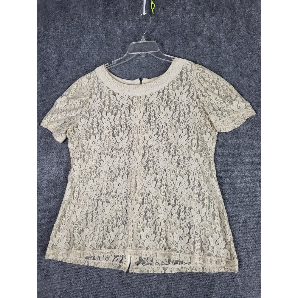 NY Collection Womens XL Ivory Lace Blouse Floral Sheer Zip Fairy Cottagecore Top